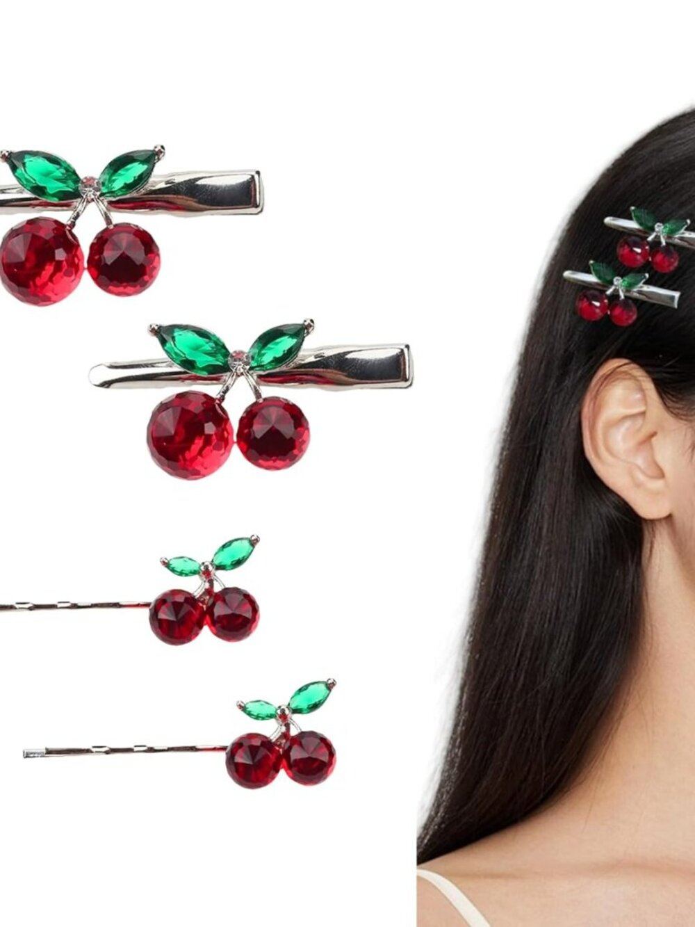 Cherry Hair Clips AND Cherry Bobby Pins 4 Piece Set NEW
